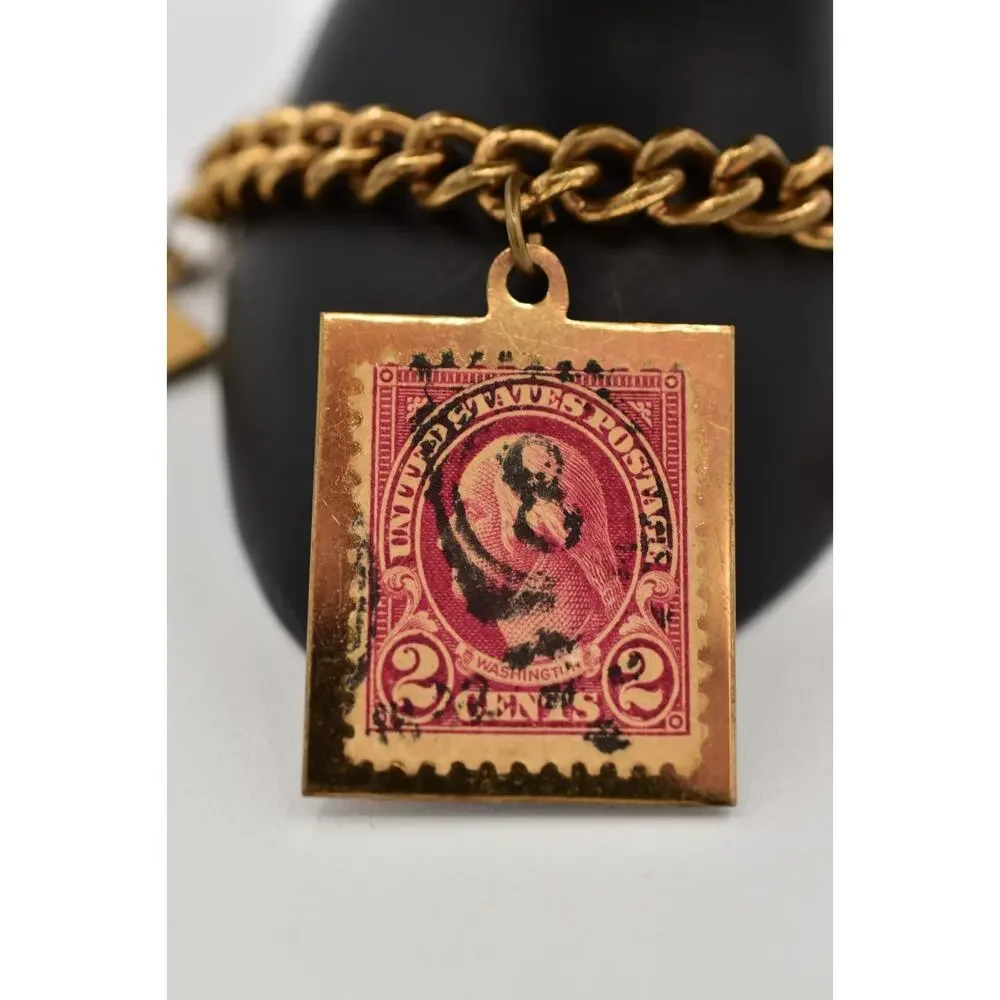 Vintage Stamp Charm Bracelet Antiqued Gold Dangle USA Florida California BinAW